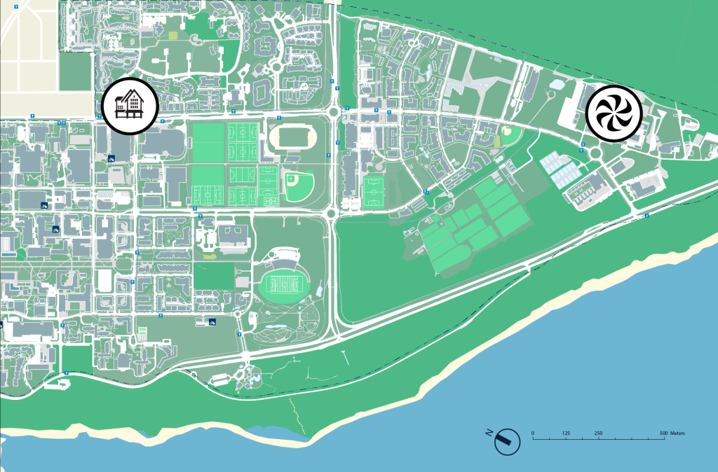This map shows TRIUMF house and TRIUMF on UBC Campus